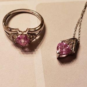 10k White Gold Pink Sapphire and Diamond heart shaped Diamond ring and necklace